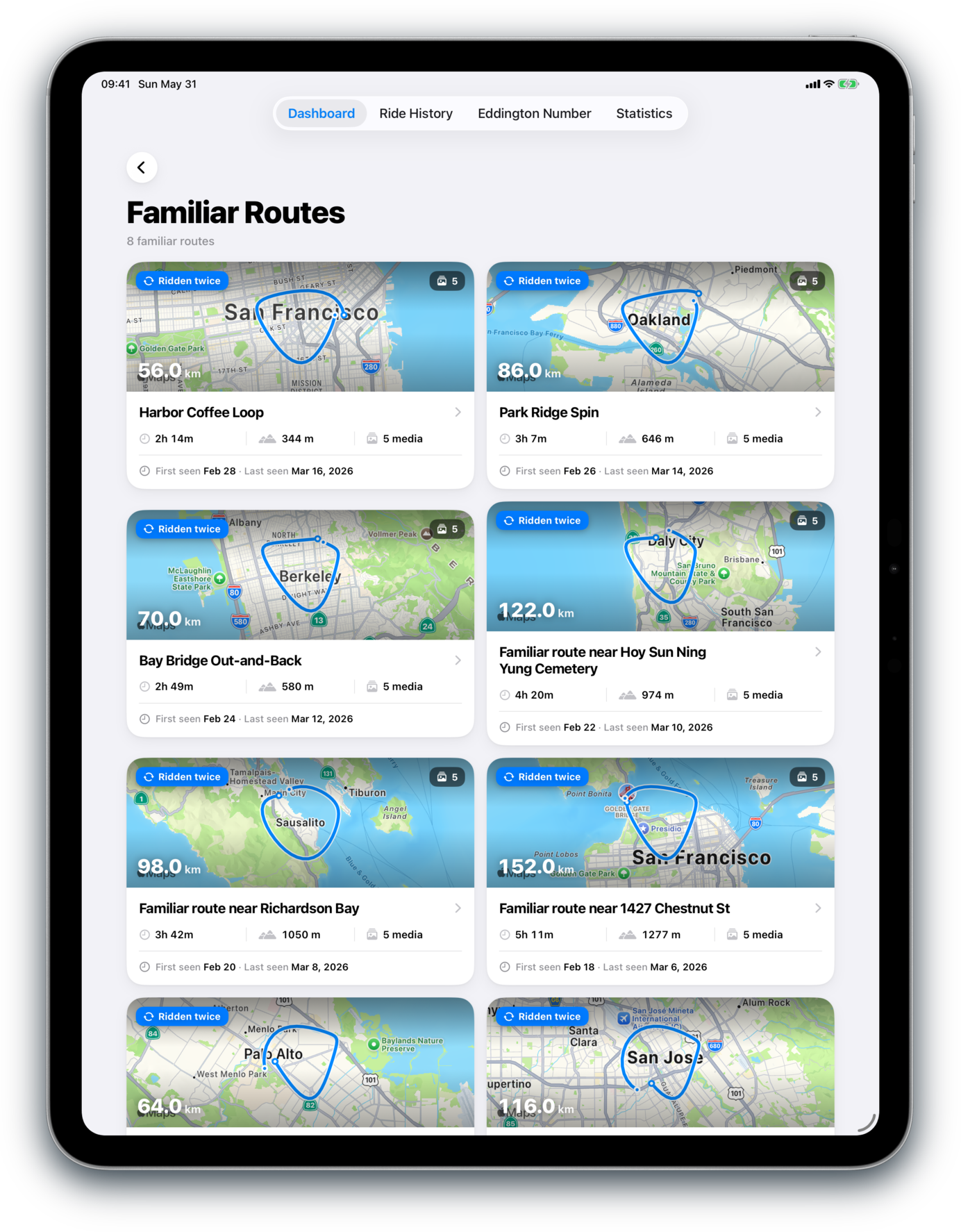 Bikingo familiar route histories on iPad
