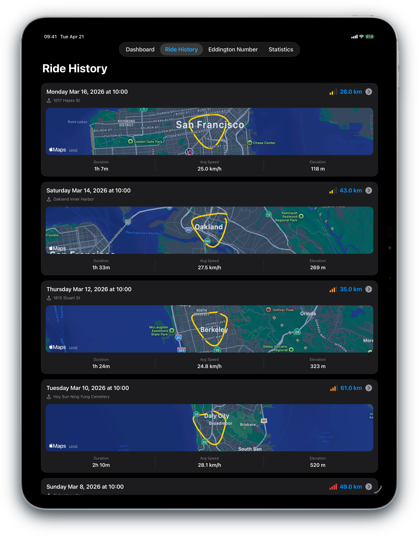 Bikingo Ride History on iPad in dark mode