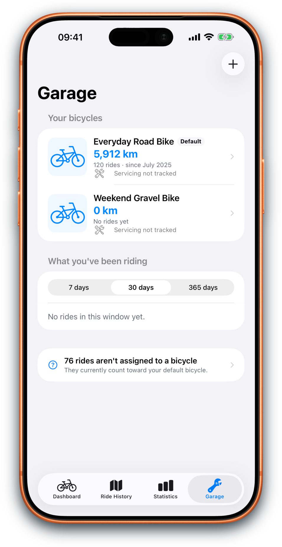 Bikingo Garage showing bicycles, mileage and service reminders