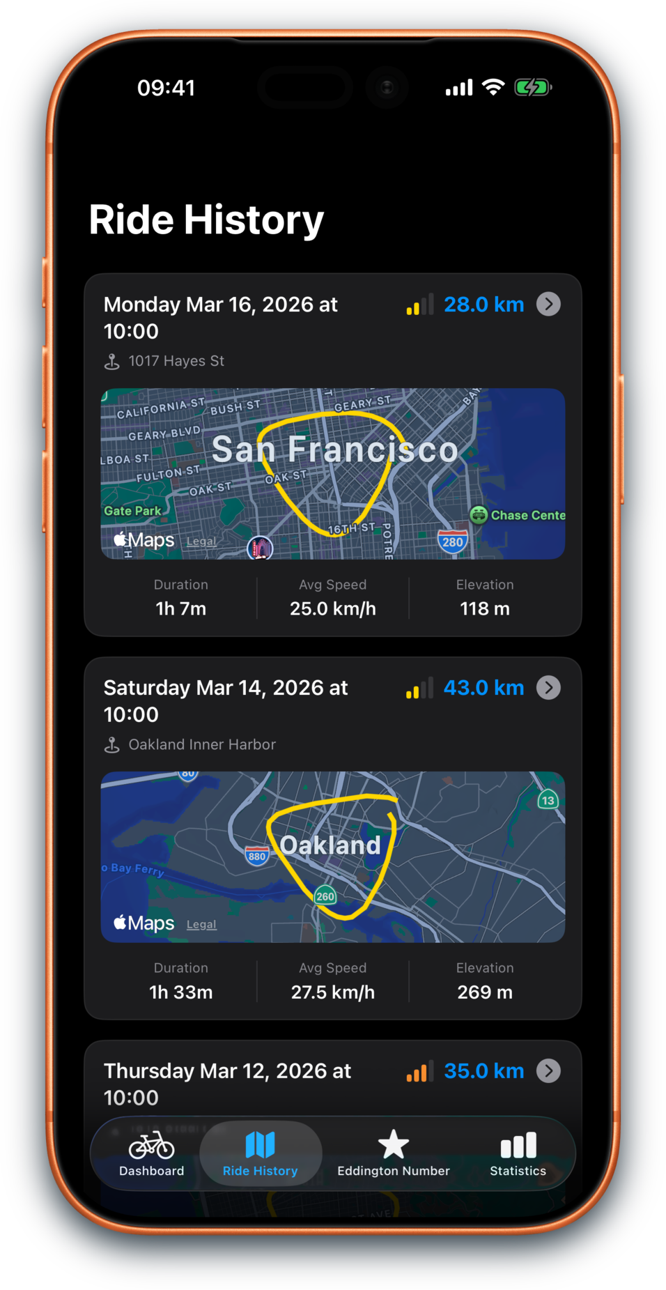 Bikingo Ride History screenshot in dark mode